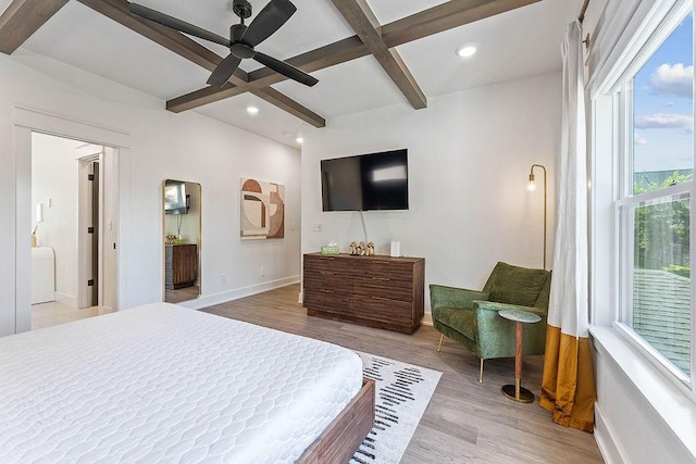 103 NW Ozark Way, Bentonville, AR 72712 - bedroom with beamed ceiling, coffered ceiling, recessed lighting, and light wood-style flooring