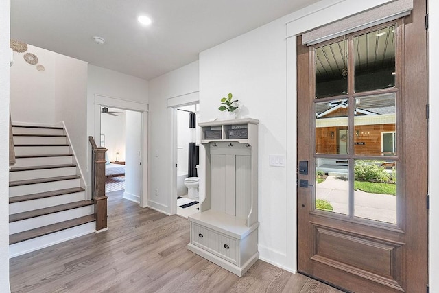 103 NW Ozark Way, Bentonville, AR 72712 - mudroom with light wood-type flooring and ceiling fan
