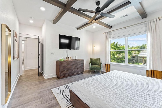 103 NW Ozark Way, Bentonville, AR 72712 - bedroom with coffered ceiling, light wood-style floors, beam ceiling, and recessed lighting