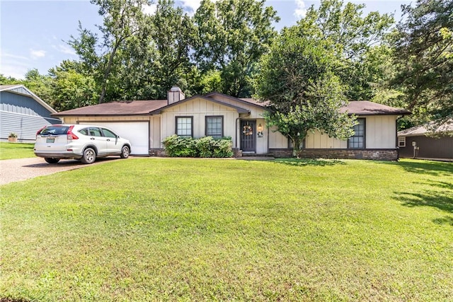 2209 E Golden Oaks Dr, Fayetteville, AR 72703 - single story home featuring a garage, a front yard, driveway, a chimney, and stone siding