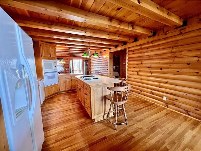 31 Table Rock Dr, Holiday Island, AR 72631 - kitchen featuring white appliances, rustic walls, a wooden ceiling with exposed beams, light wood-type flooring, and light brown cabinets