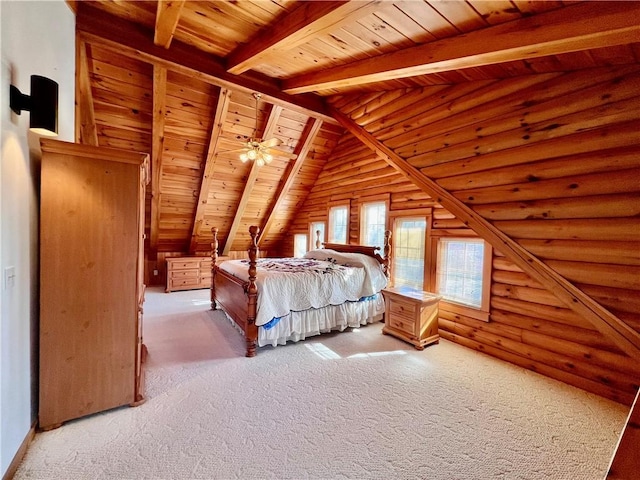 31 Table Rock Dr, Holiday Island, AR 72631 - unfurnished bedroom featuring wood ceiling, log walls, and carpet flooring