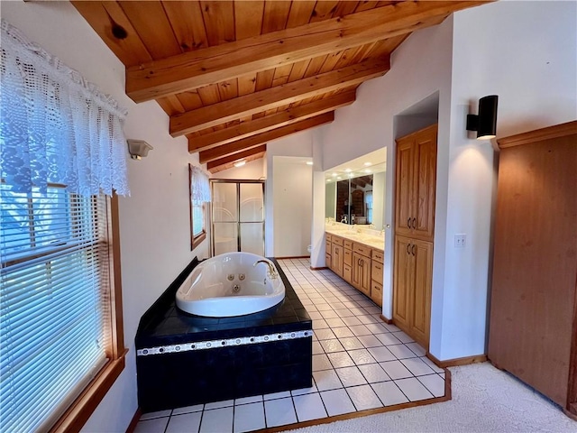 31 Table Rock Dr, Holiday Island, AR 72631 - bathroom with wooden ceiling, plenty of natural light, a shower stall, a whirlpool tub, and vanity