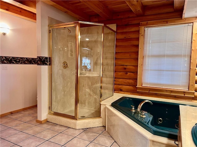 31 Table Rock Dr, Holiday Island, AR 72631 - bathroom featuring a wood ceiling with exposed beams, tile patterned flooring, rustic walls, a shower stall, and a tub with jets