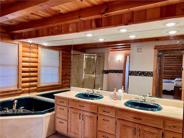 31 Table Rock Dr, Holiday Island, AR 72631 - ensuite bathroom with log walls, double vanity, a garden tub, a stall shower, and a wooden ceiling with exposed beams