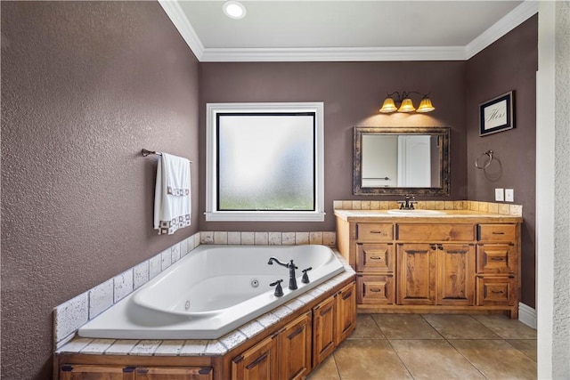 4130 Willowbend Dr, Rogers, AR 72758 - bathroom featuring a whirlpool tub, vanity, tile patterned flooring, ornamental molding, and a textured wall
