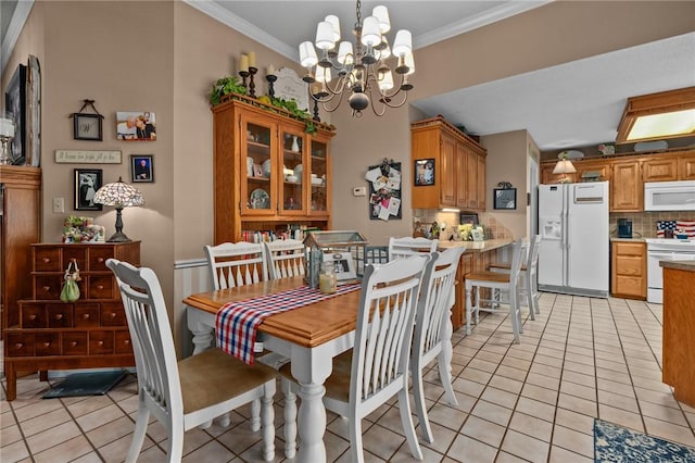 2105 Brookhaven Dr, Alma, AR 72921 - dining space with light tile patterned floors, a chandelier, and ornamental molding