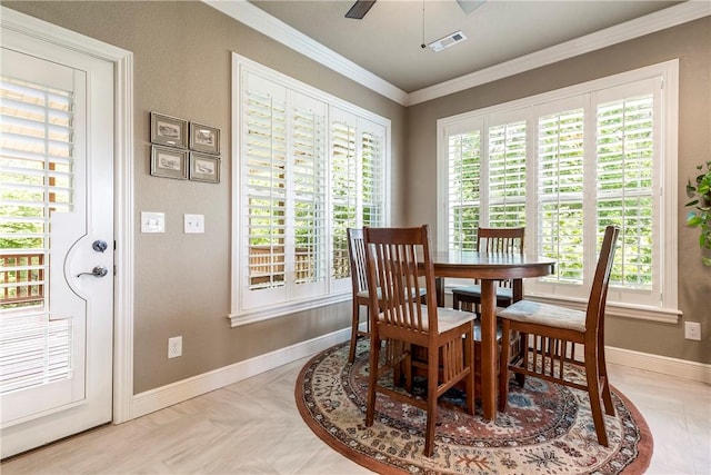 348 Whitcliff Dr, Cave Springs, AR 72718 - dining area featuring healthy amount of natural light, crown molding, and a ceiling fan