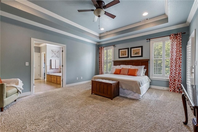 348 Whitcliff Dr, Cave Springs, AR 72718 - bedroom featuring a tray ceiling, light colored carpet, crown molding, ensuite bathroom, and recessed lighting