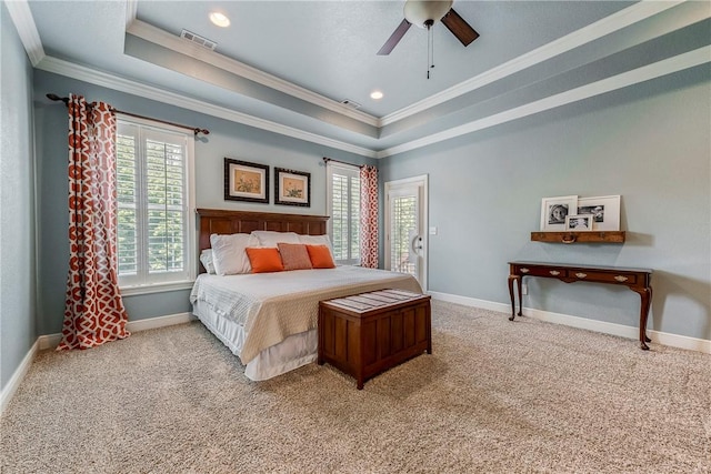 348 Whitcliff Dr, Cave Springs, AR 72718 - carpeted bedroom with ornamental molding, a raised ceiling, ceiling fan, and recessed lighting