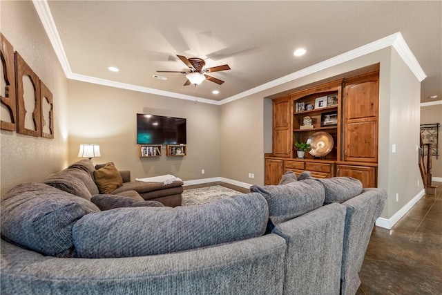 348 Whitcliff Dr, Cave Springs, AR 72718 - living area featuring a ceiling fan, recessed lighting, crown molding, and concrete floors