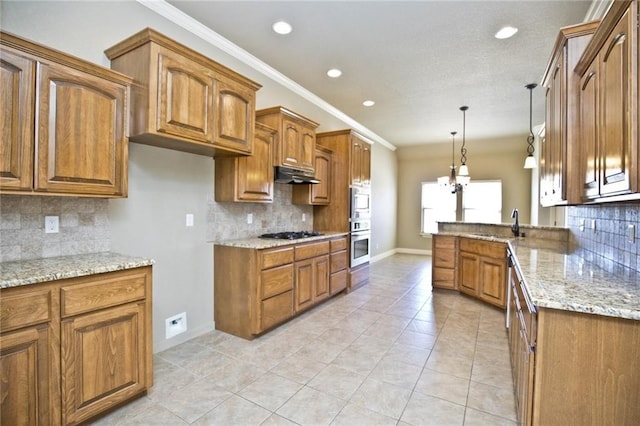 145 Rosemeade Dr, Farmington, AR 72730 - kitchen with under cabinet range hood, brown cabinetry, gas stovetop, recessed lighting, and crown molding