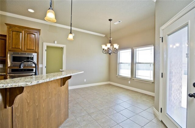 145 Rosemeade Dr, Farmington, AR 72730 - kitchen with stainless steel appliances, a breakfast bar, ornamental molding, light stone counters, and pendant lighting