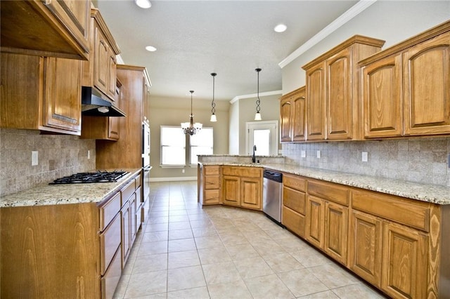 145 Rosemeade Dr, Farmington, AR 72730 - kitchen with stainless steel appliances, a peninsula, under cabinet range hood, tasteful backsplash, and a chandelier