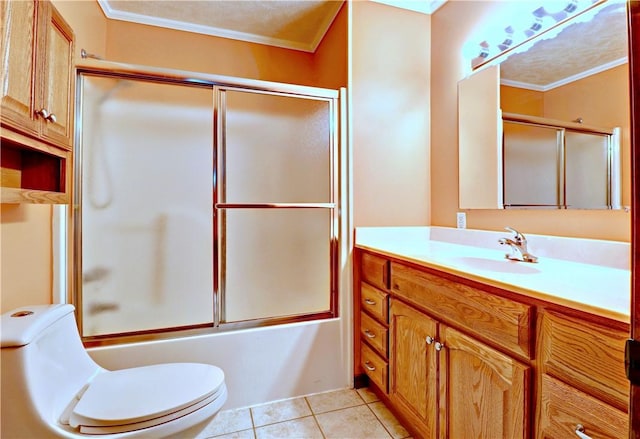 19135 Shoreline Way, Fayetteville, AR 72703 - bathroom with crown molding, vanity, bath / shower combo with glass door, and tile patterned flooring