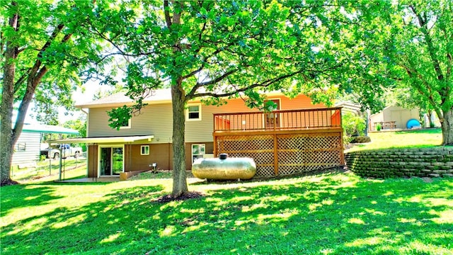 19135 Shoreline Way, Fayetteville, AR 72703 - back of house featuring a wooden deck and a yard