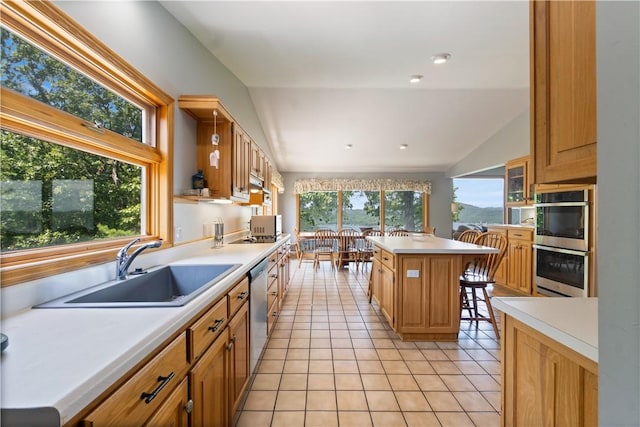 188 Point Mirage Rd, Eureka Springs, AR 72631 - kitchen featuring appliances with stainless steel finishes, light tile patterned floors, plenty of natural light, light countertops, and vaulted ceiling