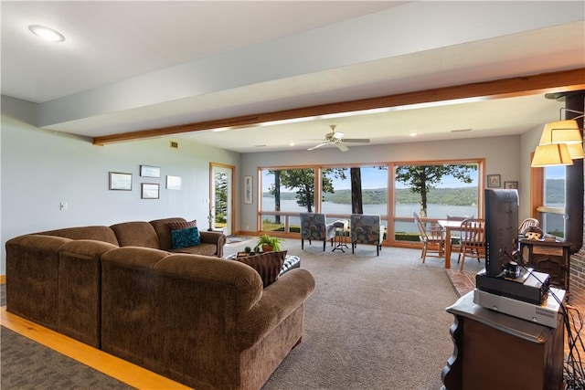 188 Point Mirage Rd, Eureka Springs, AR 72631 - carpeted living area with a ceiling fan, recessed lighting, and beam ceiling
