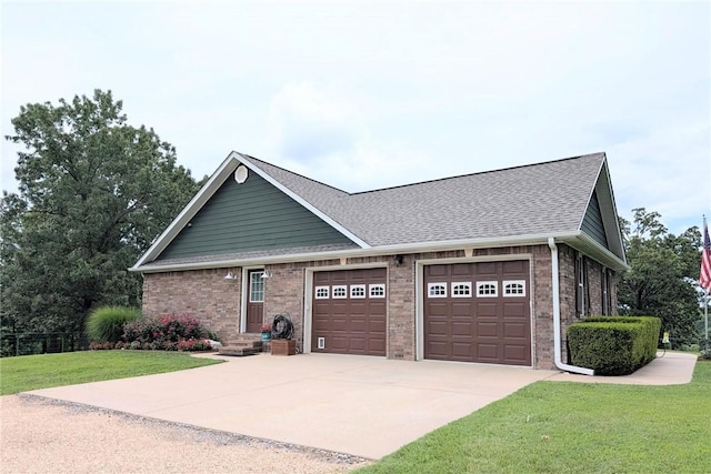 1445 Woodhaven Ln, Harrison, AR 72601 - view of front of property featuring an attached garage, concrete driveway, a front lawn, brick siding, and roof with shingles