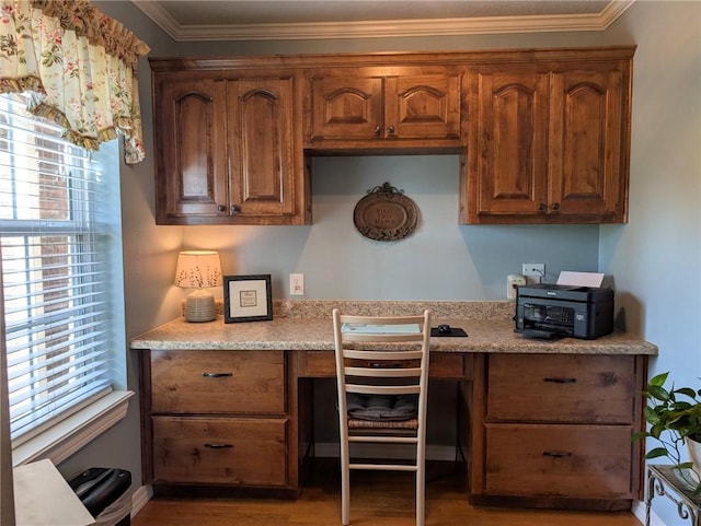 1445 Woodhaven Ln, Harrison, AR 72601 - office area with built in desk, crown molding, and light wood finished floors