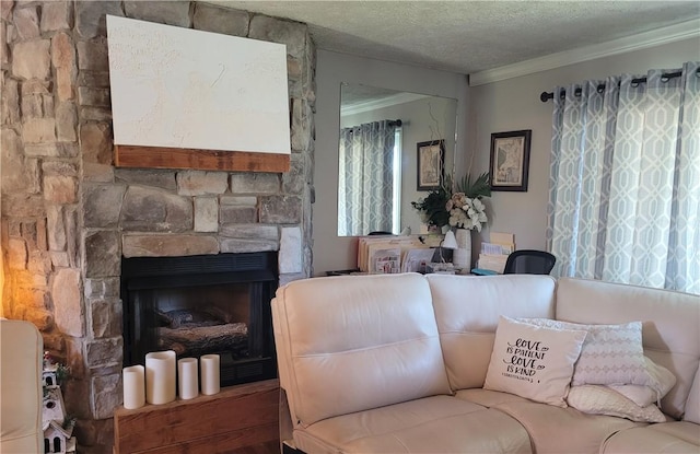 400 Franklin St, Harrison, AR 72601 - living room featuring crown molding, a textured ceiling, and a fireplace