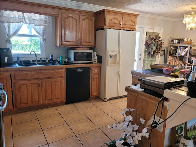 400 Franklin St, Harrison, AR 72601 - kitchen with white refrigerator with ice dispenser, dishwasher, stainless steel microwave, light tile patterned floors, and brown cabinetry
