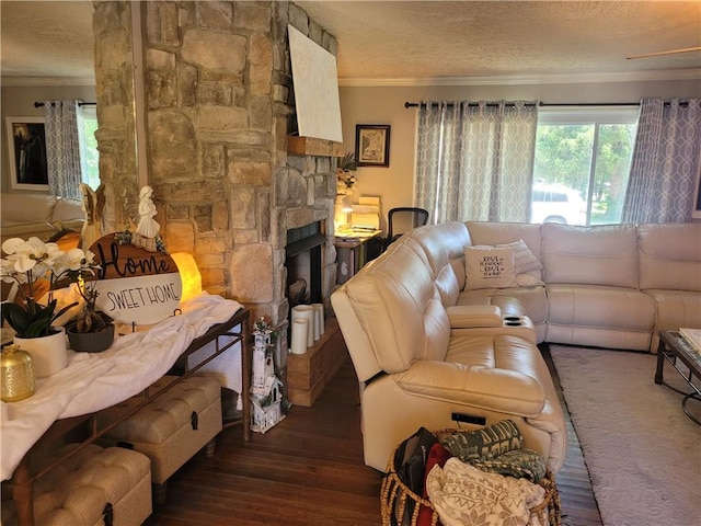 400 Franklin St, Harrison, AR 72601 - living area with ornamental molding, a textured ceiling, hardwood / wood-style flooring, and a fireplace