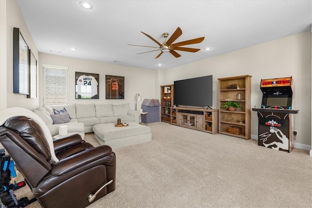 1200 Birkshire Cir, Cave Springs, AR 72718 - living room featuring ceiling fan, recessed lighting, and carpet flooring