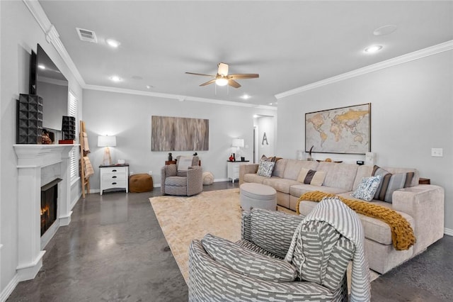 4278 W Anthem Dr, Fayetteville, AR 72704 - living room with a ceiling fan, a lit fireplace, recessed lighting, ornamental molding, and finished concrete flooring