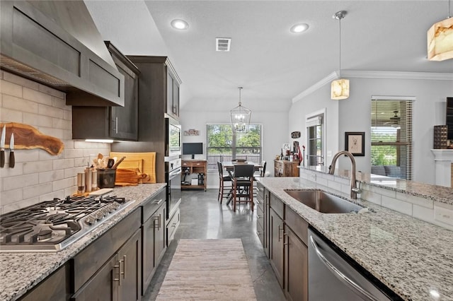 4278 W Anthem Dr, Fayetteville, AR 72704 - kitchen featuring stainless steel appliances, concrete floors, decorative backsplash, ornamental molding, and light stone counters