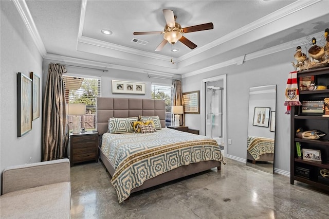 4278 W Anthem Dr, Fayetteville, AR 72704 - bedroom featuring a raised ceiling, concrete floors, crown molding, and a ceiling fan