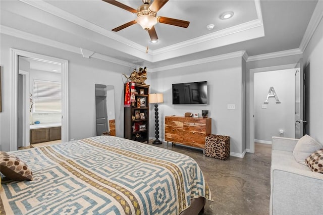 4278 W Anthem Dr, Fayetteville, AR 72704 - bedroom with concrete flooring, a raised ceiling, a ceiling fan, crown molding, and ensuite bathroom
