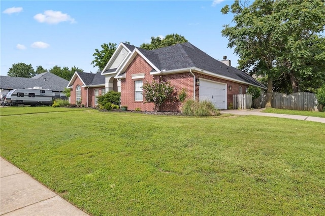 1112 N Oriole Ave, Rogers, AR 72756 - view of front of property with brick siding, a garage, concrete driveway, a chimney, and roof with shingles