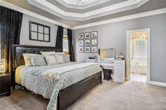 1112 N Oriole Ave, Rogers, AR 72756 - bedroom featuring ornamental molding, carpet floors, a raised ceiling, and ensuite bathroom