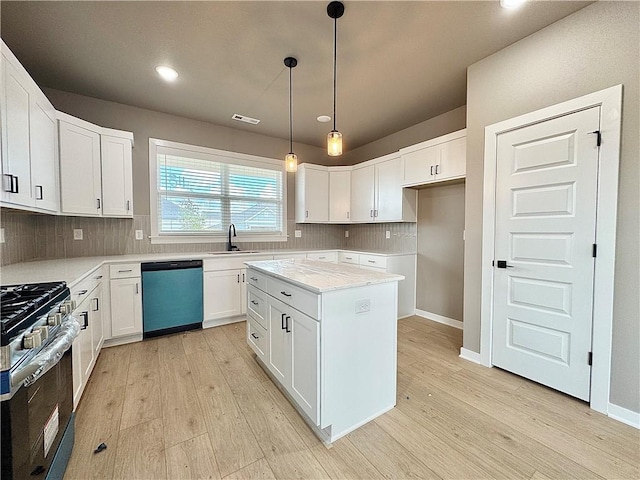 6003 SW Desert Ave, Bentonville, AR 72713 - kitchen featuring dishwasher, stainless steel range with gas cooktop, light wood-style floors, tasteful backsplash, and recessed lighting