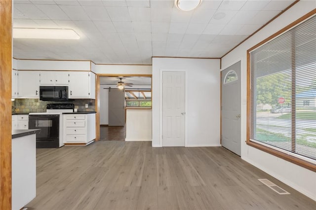 702 E Argyle, Harrison, AR 72601 - kitchen featuring black appliances, dark countertops, light wood finished floors, and ceiling fan