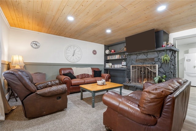 9402 Stone Ln, Omaha, AR 72662 - carpeted living area featuring wooden ceiling, recessed lighting, ornamental molding, and a fireplace