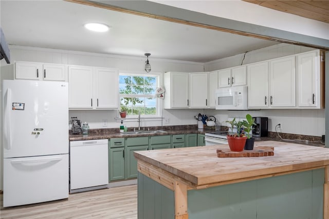 9402 Stone Ln, Omaha, AR 72662 - kitchen with white appliances, wood counters, and white cabinets