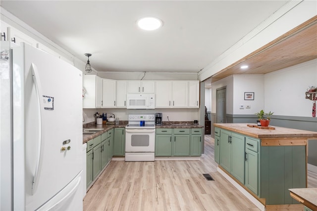 9402 Stone Ln, Omaha, AR 72662 - kitchen featuring white appliances, green cabinets, wood counters, white cabinets, and light wood-type flooring