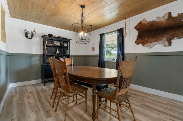 9402 Stone Ln, Omaha, AR 72662 - dining room with a chandelier, light wood-style floors, wooden ceiling, and ornamental molding