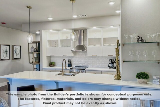3319 Mp Pkwy Unit 205, Bentonville, AR 72712 - kitchen with wall chimney range hood, white cabinetry, stainless steel stove, and decorative backsplash