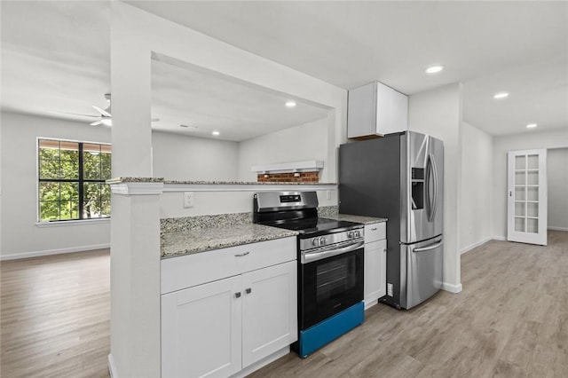 15654 Hickory Ln, Lowell, AR 72745 - kitchen featuring appliances with stainless steel finishes, light wood-style floors, light stone countertops, a ceiling fan, and white cabinetry