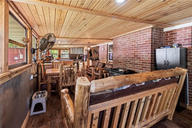 89 Creekview Rd, Harrison, AR 72601 - dining area with wooden ceiling, brick wall, and wood finished floors