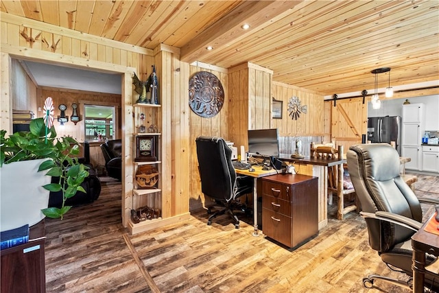 89 Creekview Rd, Harrison, AR 72601 - home office featuring wooden ceiling, light wood-style flooring, wood walls, and a barn door