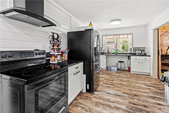 89 Creekview Rd, Harrison, AR 72601 - kitchen with range with electric stovetop, extractor fan, stainless steel fridge with ice dispenser, dark countertops, and a textured ceiling
