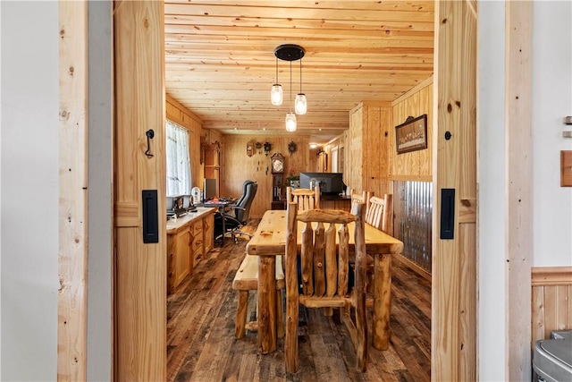 89 Creekview Rd, Harrison, AR 72601 - dining area with dark wood-type flooring, an office area, wooden ceiling, and wooden walls