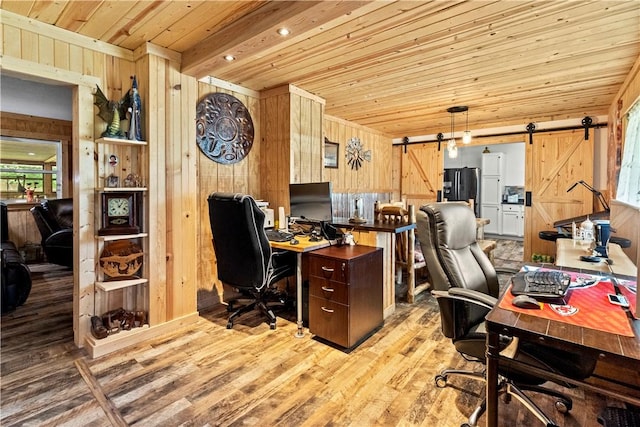 89 Creekview Rd, Harrison, AR 72601 - home office with wooden ceiling, wood walls, light wood finished floors, and a barn door