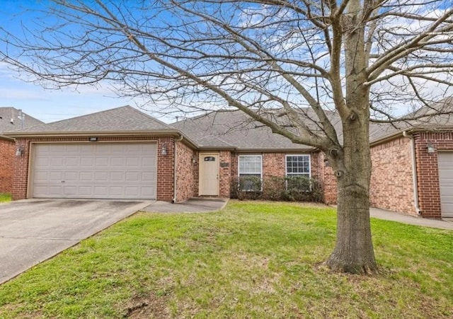 286 Copper Oaks Dr, Centerton, AR 72719 - ranch-style house with a shingled roof, concrete driveway, an attached garage, brick siding, and a front lawn