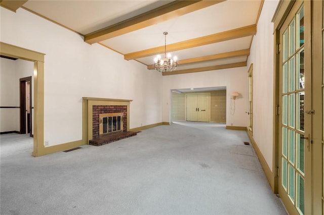 625 W College Ave, Harrison, AR 72601 - unfurnished living room with a chandelier, carpet floors, beamed ceiling, a fireplace, and healthy amount of natural light