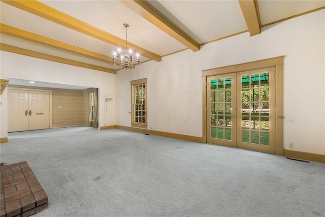 625 W College Ave, Harrison, AR 72601 - unfurnished living room with a chandelier, beam ceiling, plenty of natural light, and carpet